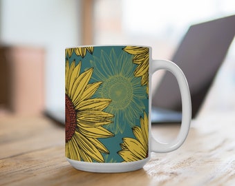 Sunflower Mug, 15oz, Floral Mug, House Gift, Sunflower Tea Cup, Botanical Mug, Large Coffee Cup, Sunflower Gift, Sunflower Lover, Gift Mug