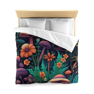 Microfiber Duvet Cover Woodland Forest Mushroom, Cottagecore, Mushroom Comforter, Full Queen Duvet Cover, Housewarming Gift