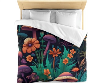 Woodland Mushroom Microfiber Duvet Cover: Cottagecore Forest Bedding