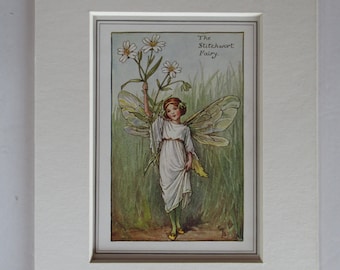 Flower Fairies/Fairy: The STITCHWORT Fairy, Vintage Print, Rare, 1927, by Cicely Mary Barker, Spring Fairy, Mounted
