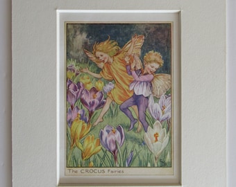 Flower Fairies/Fairy: The CROCUS FAIRIES, Vintage Print, 1930's/40's, by Cicely Mary Barker, Garden Fairy,  Mounted