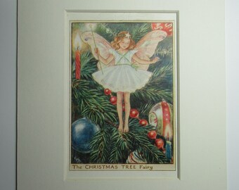 Flower Fairies/Fairy: The CHRISTMAS TREE FAIRY, Tree Fairy, Vintage Print, 1930's/40's, by Cicely Mary Barker, Mounted