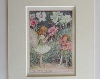 Flower Fairies/Fairy: The PINK FAIRIES, Vintage Print, 1930's/40's, by Cicely Mary Barker, Garden Fairies, Mounted