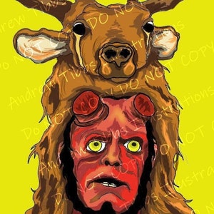 May include: Illustration of a creature with a deer head and antlers over a red-skinned face with yellow eyes and horns. The artwork is set against a yellow background with the text "DO NOT COPY" and "Andrew Tibbs Illustrations".