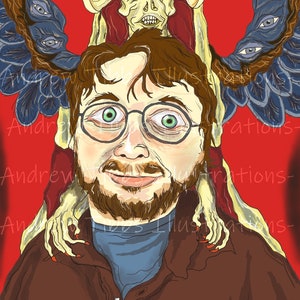 May include: Digital illustration of a person with glasses and a beard, with a skeletal figure and winged creature behind them. The artwork features a red background and the text "Andrew 1225 Illustrations-".