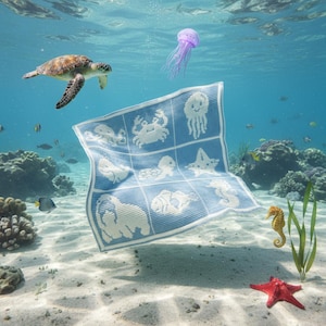 以下が含まれることがあります： カニ、クラゲ、タツノオトシゴなどの海の生き物が描かれた、青と白のかぎ針編みの毛布。毛布は水中に浮かんでおり、背景にはウミガメ、魚、ヒトデが見えます。