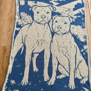 May include: Blue and cream-colored knitted blanket featuring two dog portraits. The dogs are depicted in a detailed, stylized manner, with a blue background and cream-colored dogs. The blanket has a textured appearance.