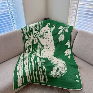May include: A green and white knitted throw blanket featuring a squirrel design. The blanket is draped over a sofa, showcasing the detailed pattern of the squirrel, tree, and leaves. The blanket's edges are finished with a white border.