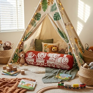 May include: A children's play tent with a jungle theme, decorated with green leaves and animal illustrations. Inside, a red bolster pillow features a white train design with animal faces. The scene includes stuffed animals, books, and a toy train set.
