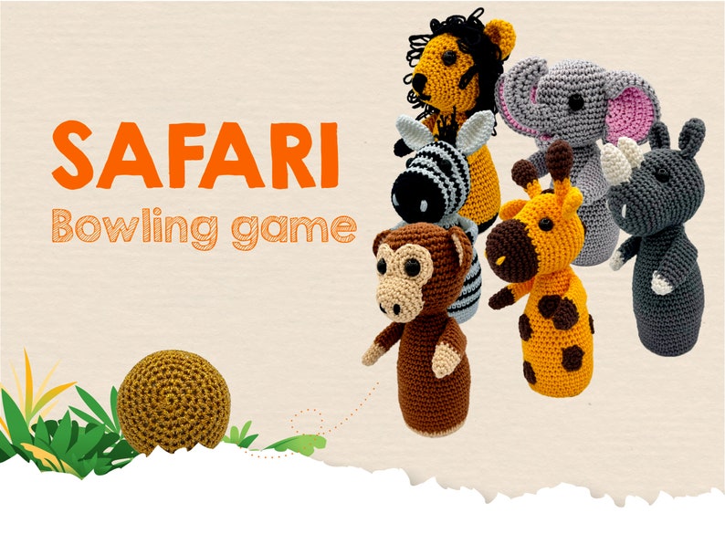 PATRÓN Crochet Safari Animal Pin Game Amigurumi PDF tutorial Safari Animal Bowling Game imagen 1