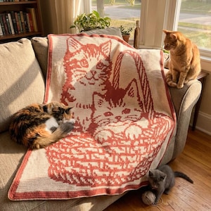 Patrón de mosaico superpuesto de gato – Manta de ganchillo "Acurrucado en una cesta" – 95 x 125 cm - Tutorial en PDF