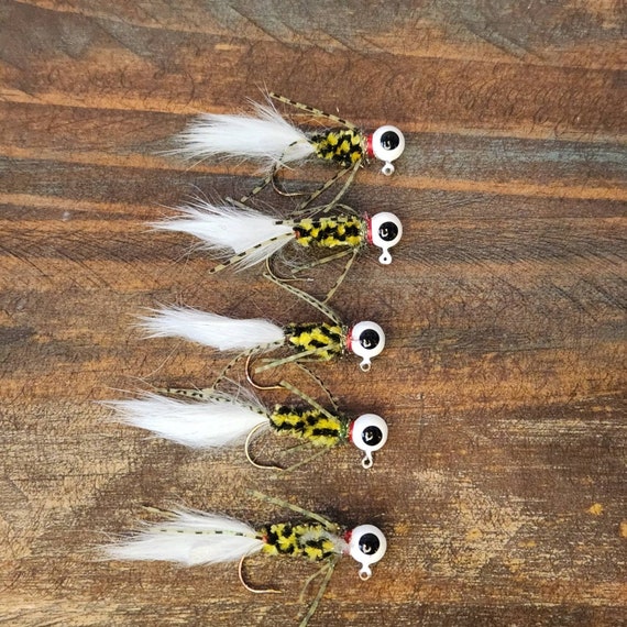 5 Pack Hand Tied Crappie Jigs. the 1/8 and 1/16 Ounce crappie Crawler.  Varigated Chenille and Rubber Legs. Hand Tied Jig. 