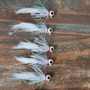 5 pack Hand tied Crappie Jigs Grey, flash, 1/8 and 1/16 ounce. Custom Pattern.