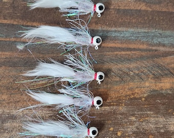 5 pack Hand tied Crappie Jigs Grey, flash, 1/8 and 1/16 ounce. Custom Pattern.