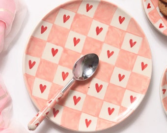 Checkered Heart Ceramic Dinner Plate | Ceramic Dinner Plate | Cute Pinterest Dinner Plate | Aesthetic Ceramic Dinner Plate Handmade