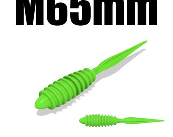 May include: Two green plastic fishing lures, one is 6.5 inches long and the other is 2.5 inches long. The larger lure has a spiral design and the smaller lure has a straight body. Both lures have a pointed tail.