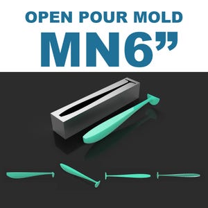 以下が含まれることがあります： 6インチの長さの釣りルアーを作るためのオープンポアモールド。モールドは金属製で、モールドに注がれたターコイズブルーのルアーと一緒に表示されています。モールドは黒い表面に表示されています。