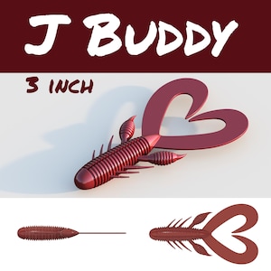 May include: A 3 inch red soft plastic fishing lure shaped like a heart with a segmented body and multiple appendages. J Buddy is written in white on a red background.