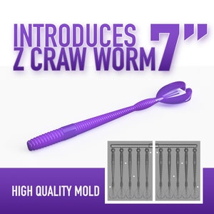以下が含まれることがあります： リブボディとスプリットテールデザインの、長さ17.78cmの紫色のZ Craw Wormルアー。画像には「INTRODUCES Z CRAW WORM」と「HIGH QUALITY MOLD」の文字が含まれています。ルアーの2つの金型デザインも表示されています。