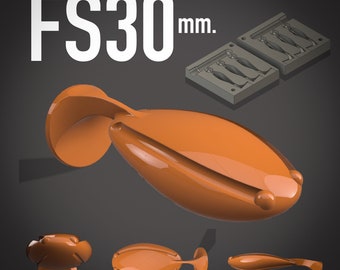 May include: Orange plastic fishing lure mold with the text "FS30 mm." The mold is shown with four individual lures in the shape of a fish.