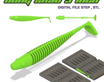 May include: A green 3 inch long shad fishing lure with a ribbed body and a tail. The lure is shown next to a gray plastic mold with multiple cavities for making the lures. The text "DIGITAL FILE STEP, STL" is visible in the image.
