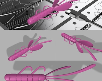 May include: A pink plastic fishing lure with multiple appendages and a segmented body.