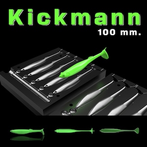 May include: A neon green Kickmann fishing lure, 100 mm long, resting on a black mold with several other silver-colored lures. The word "Kickmann" is displayed in bright green letters.