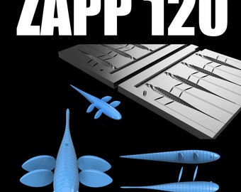 Op de afbeelding: Een mal voor het maken van vislokken, met het label "ZAPP 120". De mal is gemaakt van metaal en heeft meerdere holtes om lokken te maken. Er zijn vier blauwe plastic lokken op de afbeelding, elk met een ander ontwerp.