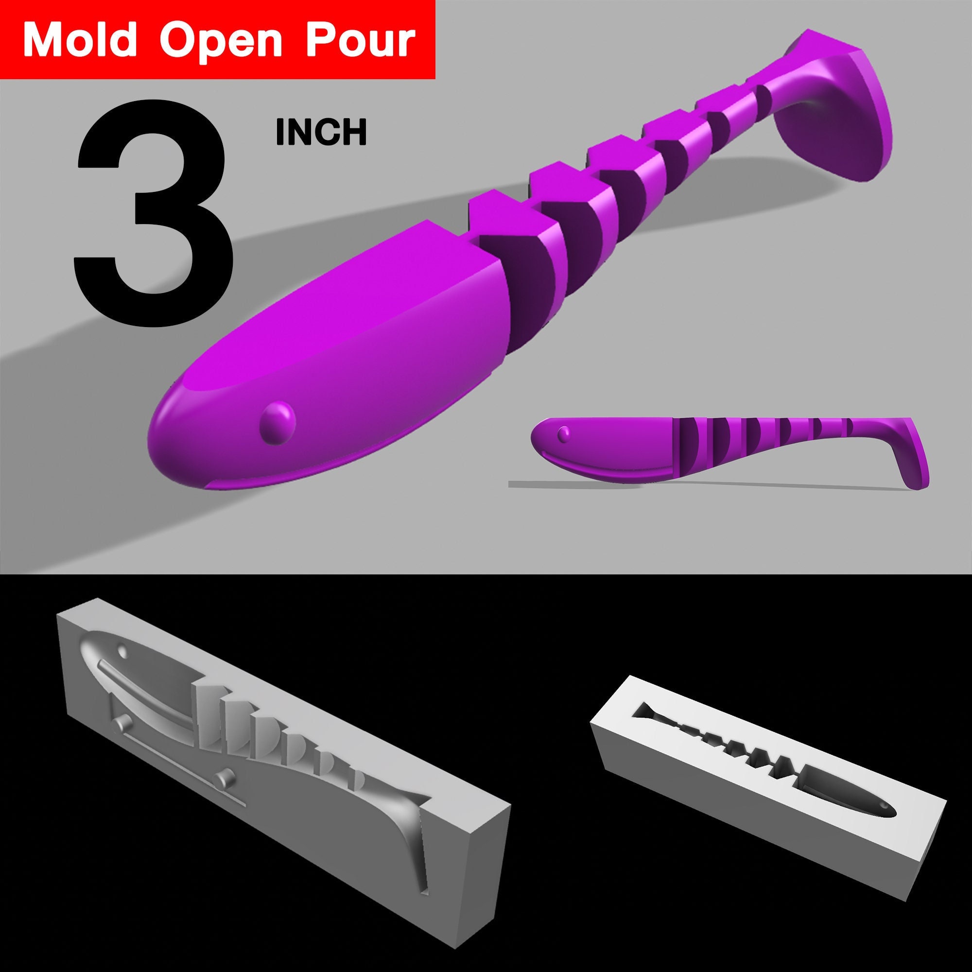 Digital File : Open Pour Mold Shad 3 Stl, Step File for Cnc and 3d