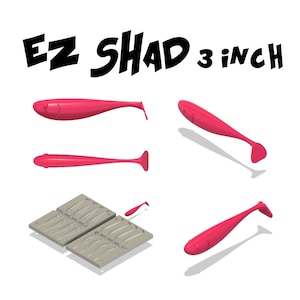 May include: A set of pink 3-inch EZ Shad soft plastic fishing lures with a mold for making more lures.
