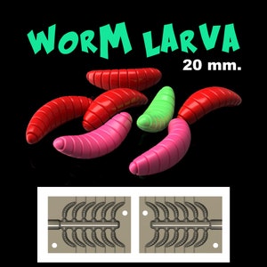 Può includere: Uno stampo per realizzare esche da pesca a forma di larve di verme da 20 mm. Lo stampo è composto da due parti, ciascuna con sei cavità. Lo stampo è mostrato con sei esche finite in vari colori, tra cui rosso, rosa e verde.