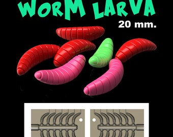 May include: A mold for making 20 mm worm larvae fishing lures. The mold is made of two parts, each with six cavities. The mold is shown with six finished lures in various colors, including red, pink, and green.