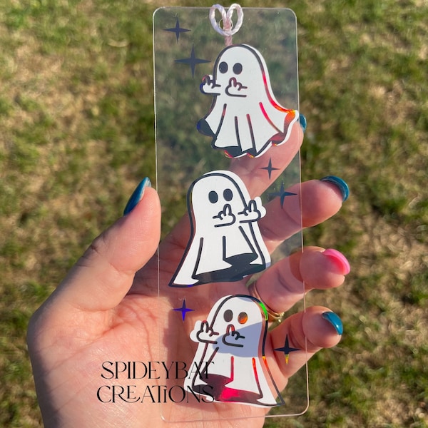 Rude Ghost Bookmark: Handmade Acrylic Holographic Vinyl Bookmark
