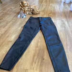 May include: Black leather pants with a slim fit.
