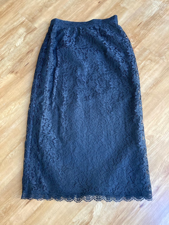 Vintage Gunne Sax High Waist Black Lace Midi Skirt - image 1