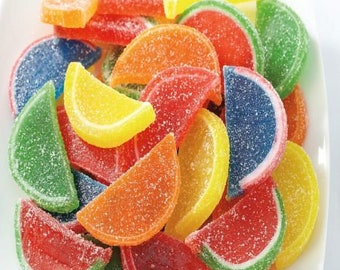Fruit Slices Nostalgic Jelly Candy coated with dusting of sugar in a jar