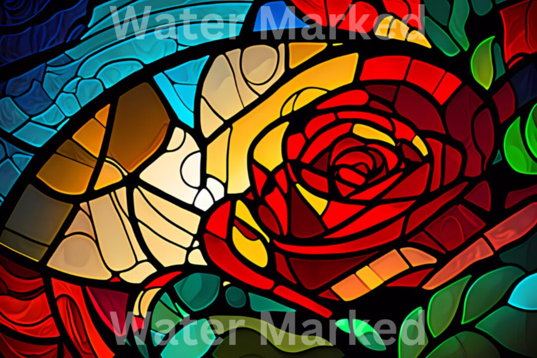 Radiant Bloom - A Modern Art Deco Stained Glass Rose Digital Print - 2: ...
