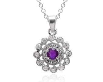 Sterling Silber Lila Amethyst Facettiert Rund Anhänger ~ Natürlicher Amethyst 925 Silber Halskette Handgemachte Geschenke für Frauen ~ zierliche Anhänger ~TSP18