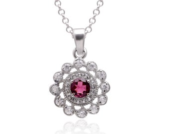Ciondolo tondo sfaccettato con granato rodolite in argento sterling ~ AAA+ Collana in argento 925 con rodolite Regali fatti a mano per le donne ~ Ciondolo delicato ~ TSP18