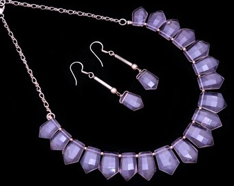 Pink Rose Quartz Jewelry Set ~ 925 Sterling Silver Handmade Fashion Necklace / Earrings Pair ~ Natural Rose Quartz Fancy Shape Jewelry Set