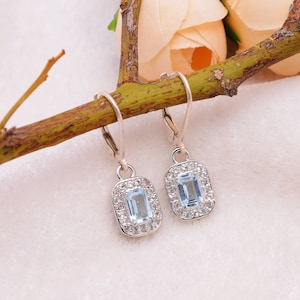 Natural Aquamarine 925 Sterling Silver Octagon Earrings Pair ~ Aquamarine Gemstone Silver Dangle Handmade Earrings ~ Lever Back Hooks ~STP07