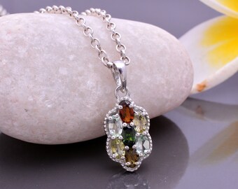 Sterling Silver Natural Tourmaline Fancy Pendant ~ Multi Tourmaline Gemstone 925 Sterling Silver Handmade Pendant Necklace Jewelry ~ SRP14