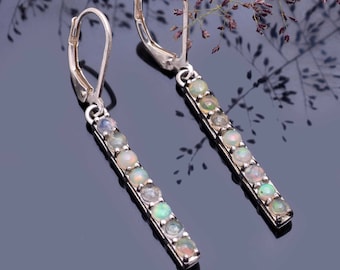 Natural Ethiopian Welo Opal Long Bar Earrings 925 Sterling Silver ~ Fire Opal Gemstone Silver Dangle Earrings Pair ~ Lever Back Hook~ ESP07