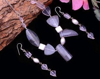 Rozenkwarts sieradenset ~ 925 sterling zilver handgemaakte mode ketting / oorbellen paar ~ natuurlijke roze rozenkwarts fancy vorm sieradenset