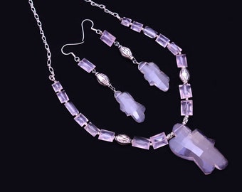 Rozenkwarts sieradenset ~ natuurlijke roze rozenkwarts fancy vorm sieradenset ~ 925 sterling zilver handgemaakte mode ketting / oorbellen paar