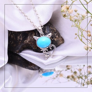 Blue Turquoise Sterling Silver Necklace Jewelry ~ Silver Cat Shape Pendant ~ Natural Turquoise Pendant Gift For Love ~ Animal Pendant ~ 20