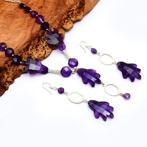 Natural Amethyst Gemstone Fancy Shape Silver Jewelry Set ~ 925 Sterling Silver Fashion Necklace / Earring ~ Handmade Jewelry ~ Gifts For Her