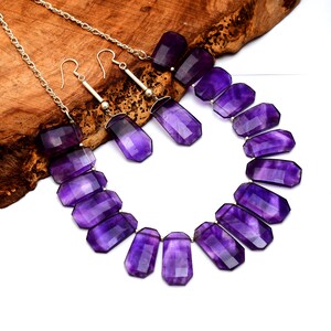 63 Grams ~ 925 Sterling Silver Handmade Fashion Necklace / Earrings ~ AAA+ Natural African Amethyst Fancy Shape Jewelry Set ~ Gifts For Her