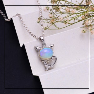 Ethiopian Opal Cat Necklace ~ Minimalist Cat Charm Pendant for Women ~ 925 Sterling Silver Necklace ~ Cat Lover Pendant ~ Animal Pendant