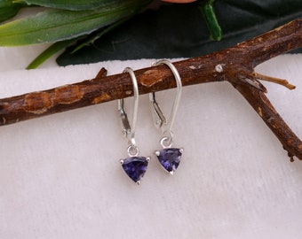 AAA+ Natural Iolite 925 Sterling Silver Trillion Earring ~ Iolite Gemstone Silver Dangle Handmade Earrings Pair ~ Lever Back Hook ~SAG4092